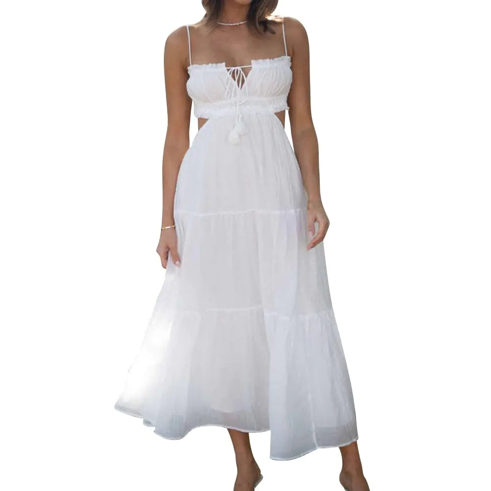 AGYMNX Womens Sexy Spaghetti Strap Maxi Dress Summer Sleeveless Side Cut Out Dress Casual Boho Backless Flowy Long Dresses White S