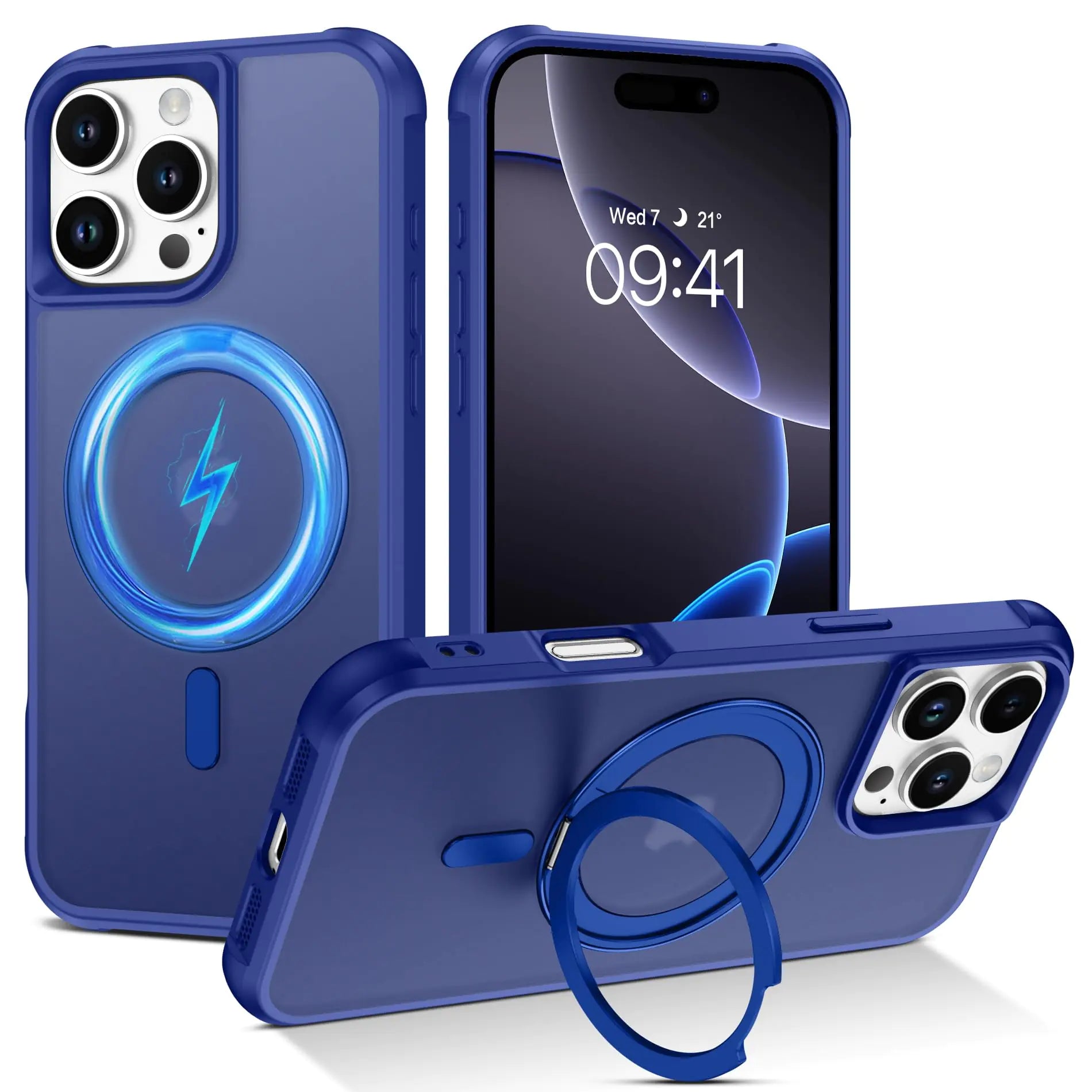 iPhone 16 Pro Case – Blue Frosted Magnetic with Invisible Stand, Shockproof & MagSafe Compatible