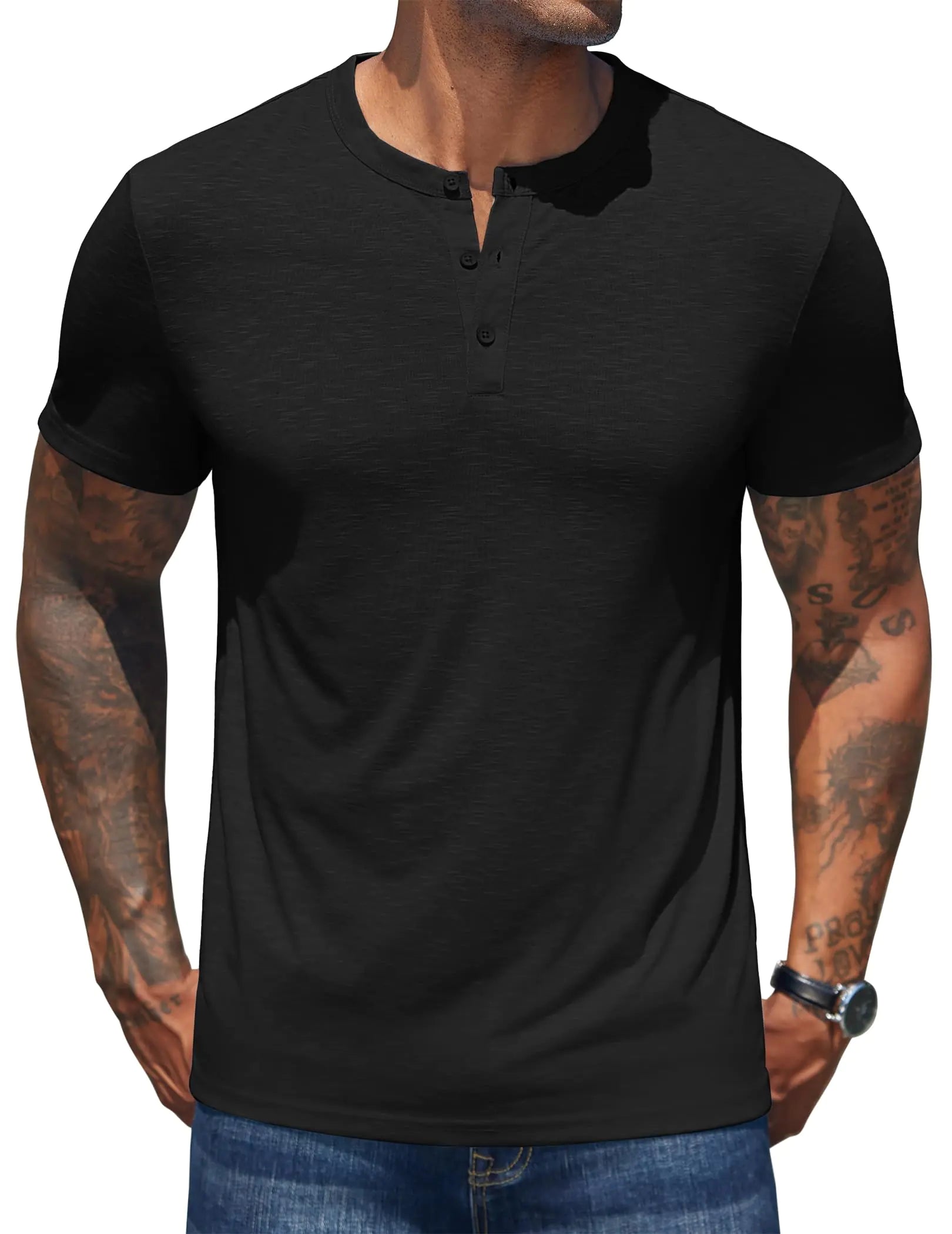 Henley Shirts Short Sleeve Casual Basic Henley Tee Summer Button Lightweight Stretch T Shirts Black