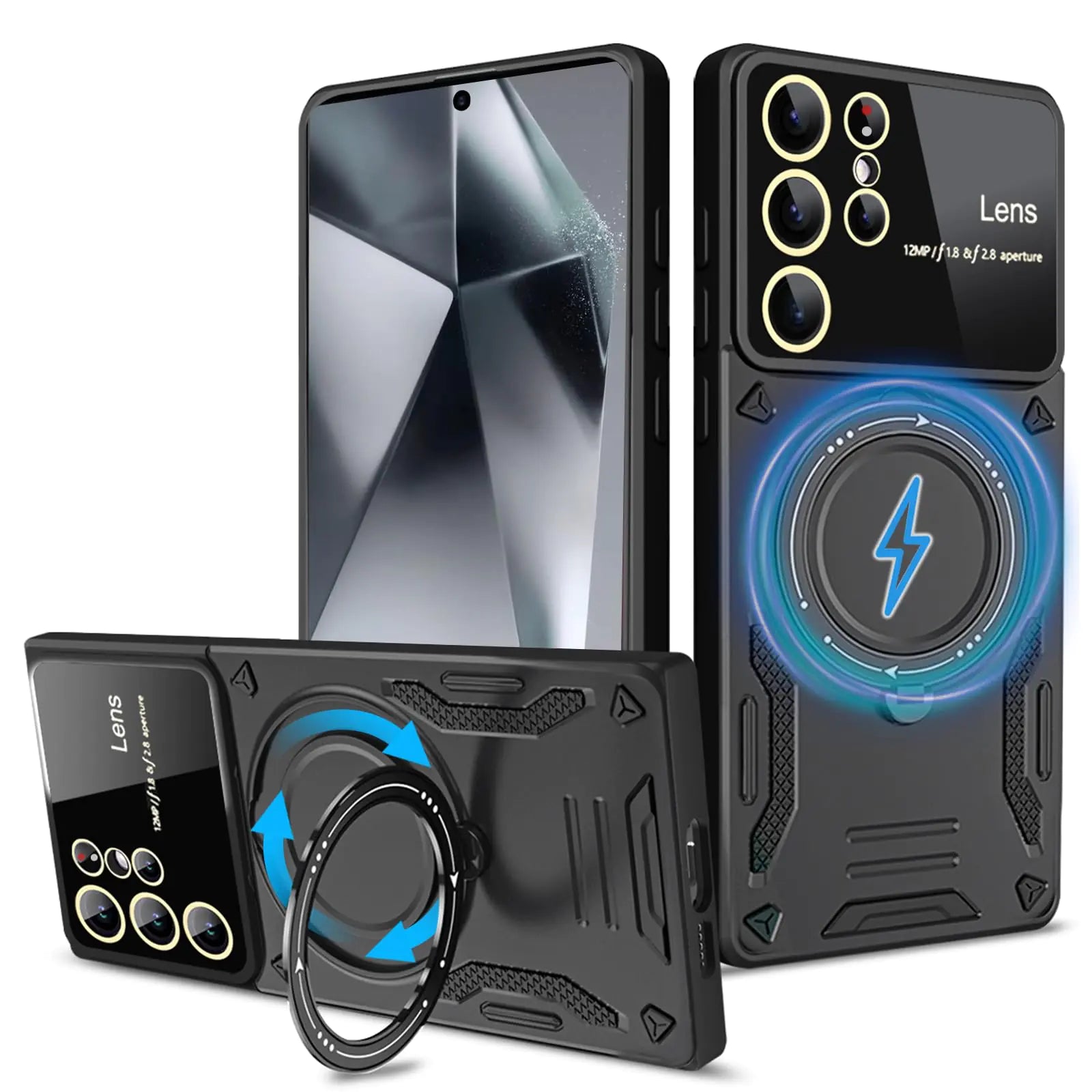 Galaxy S24 Ultra Case – Black Heavy Duty Magnetic with 360° Ring Kickstand & Camera Cover