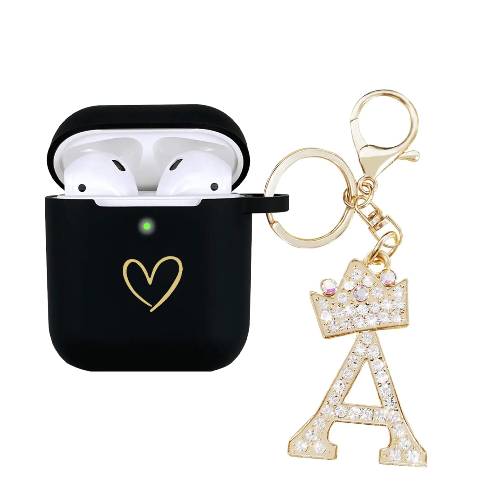 AirPods 1/2 Case – Black Silicone with Gold Heart & Rhinestone ‘A’ Keychain