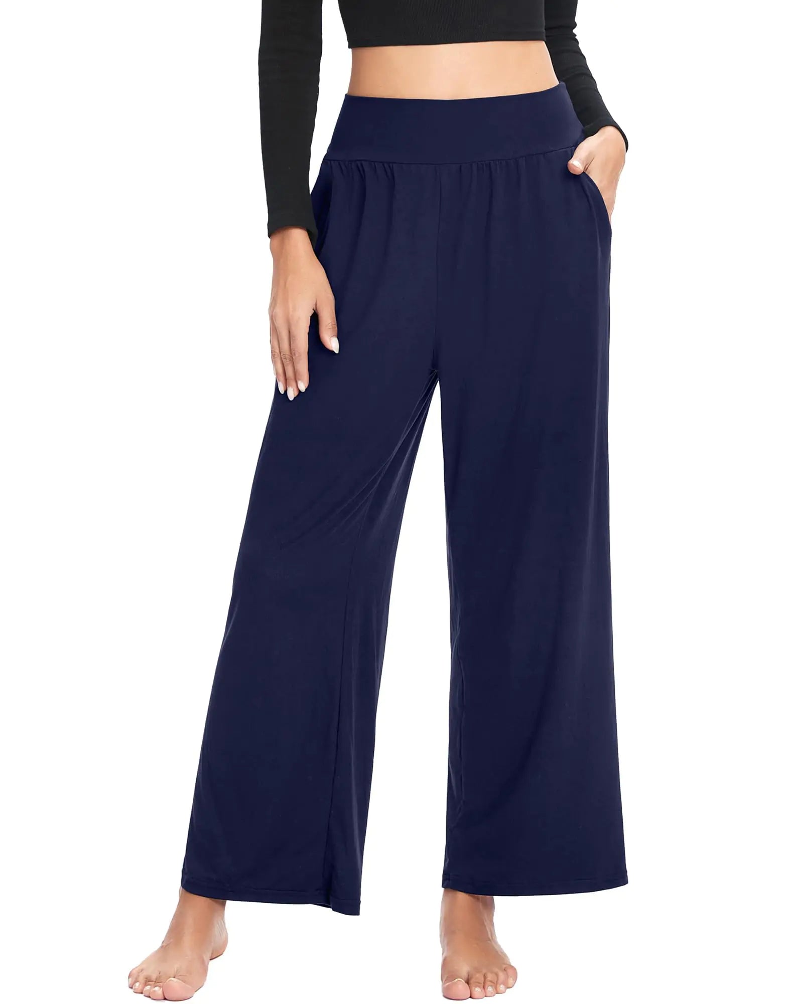Wide Leg Sweatpants Loose Lounge Pants Casual Workout High Waisted Yoga Pants with Pockets Dark Blue