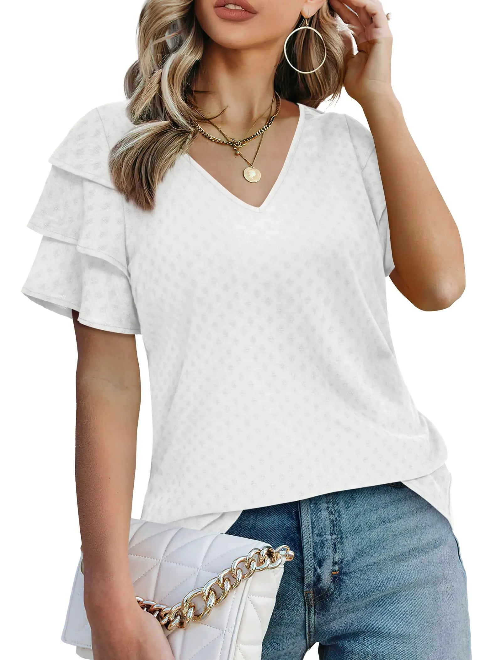 White Shirts for Women Short Sleeve Blouses Dressy Casual Summer Tops M