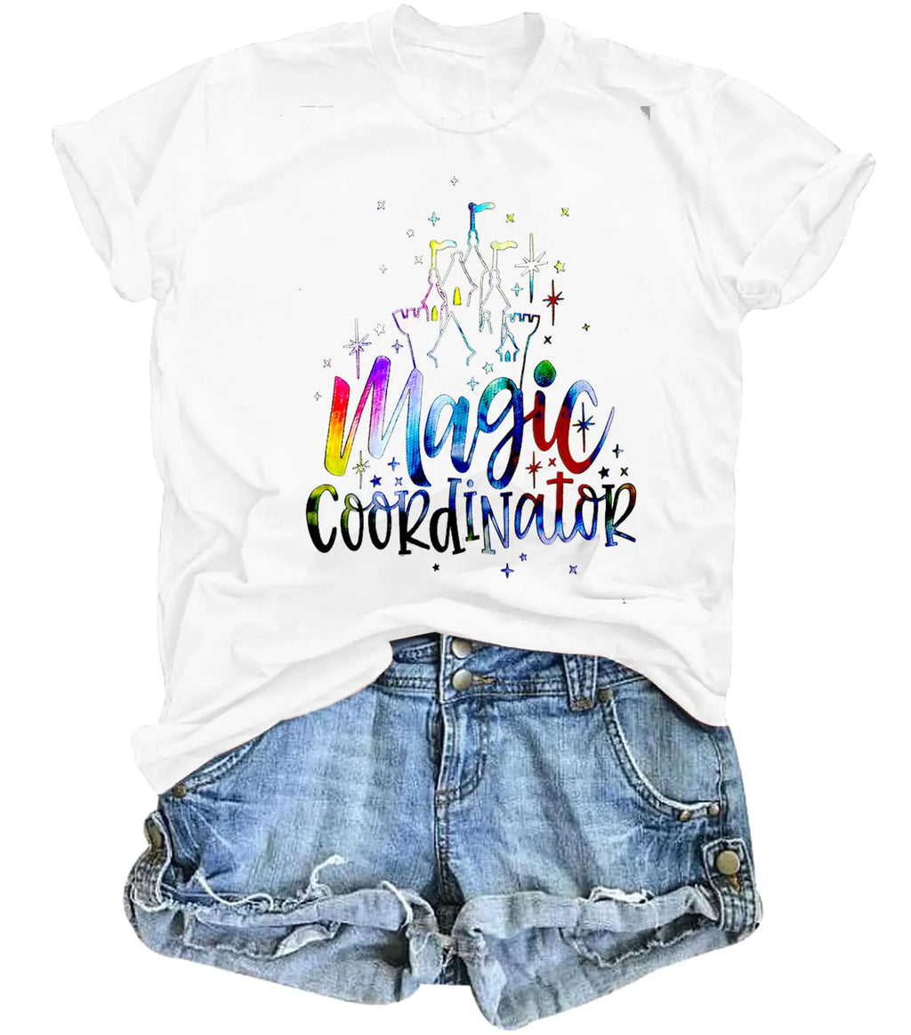Magic Coordinator T-Shirt – Family Vacation Castle Graphic Tee (White)