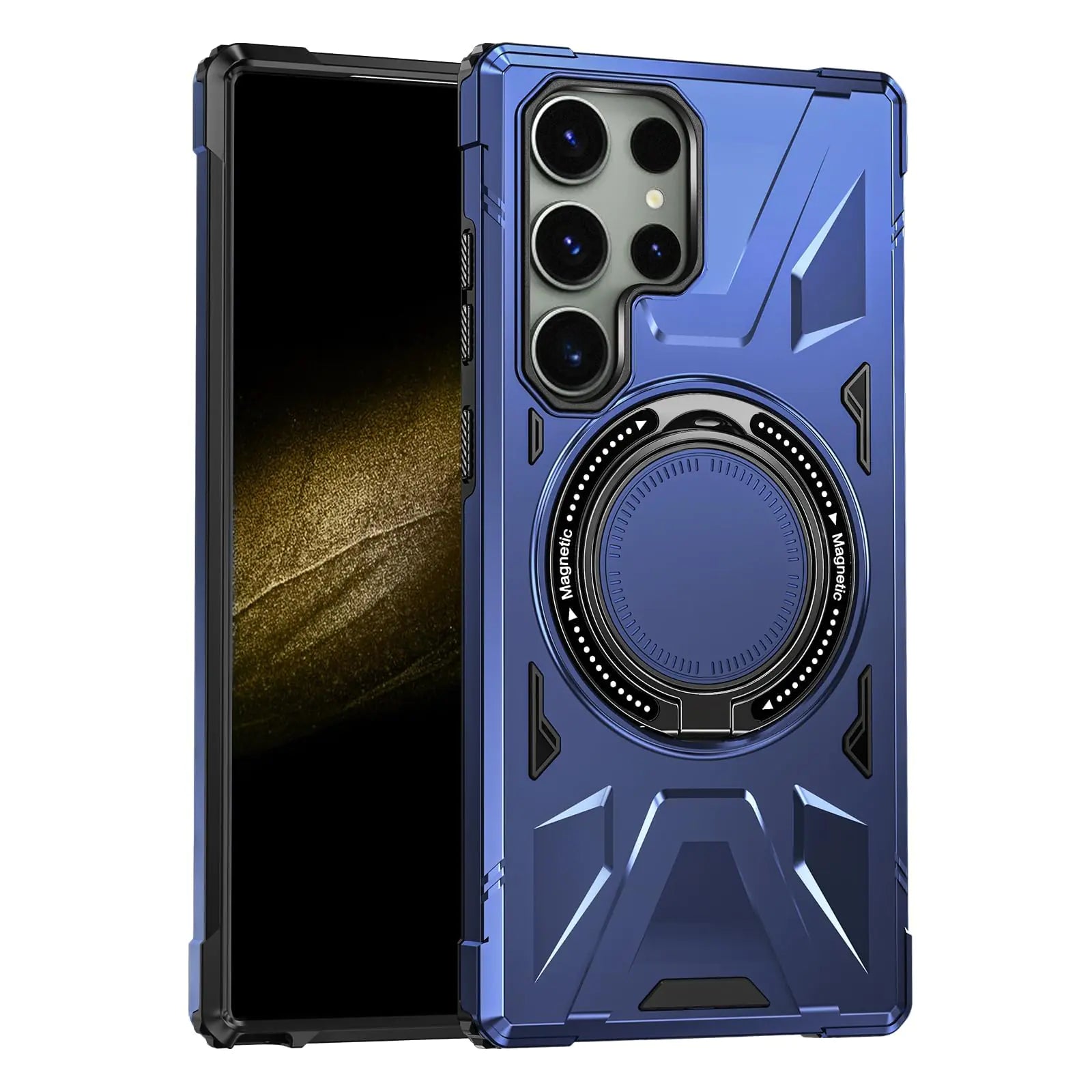 Galaxy S24 Ultra Heavy Duty Case – Blue Magnetic with 360° Rotatable Ring Stand