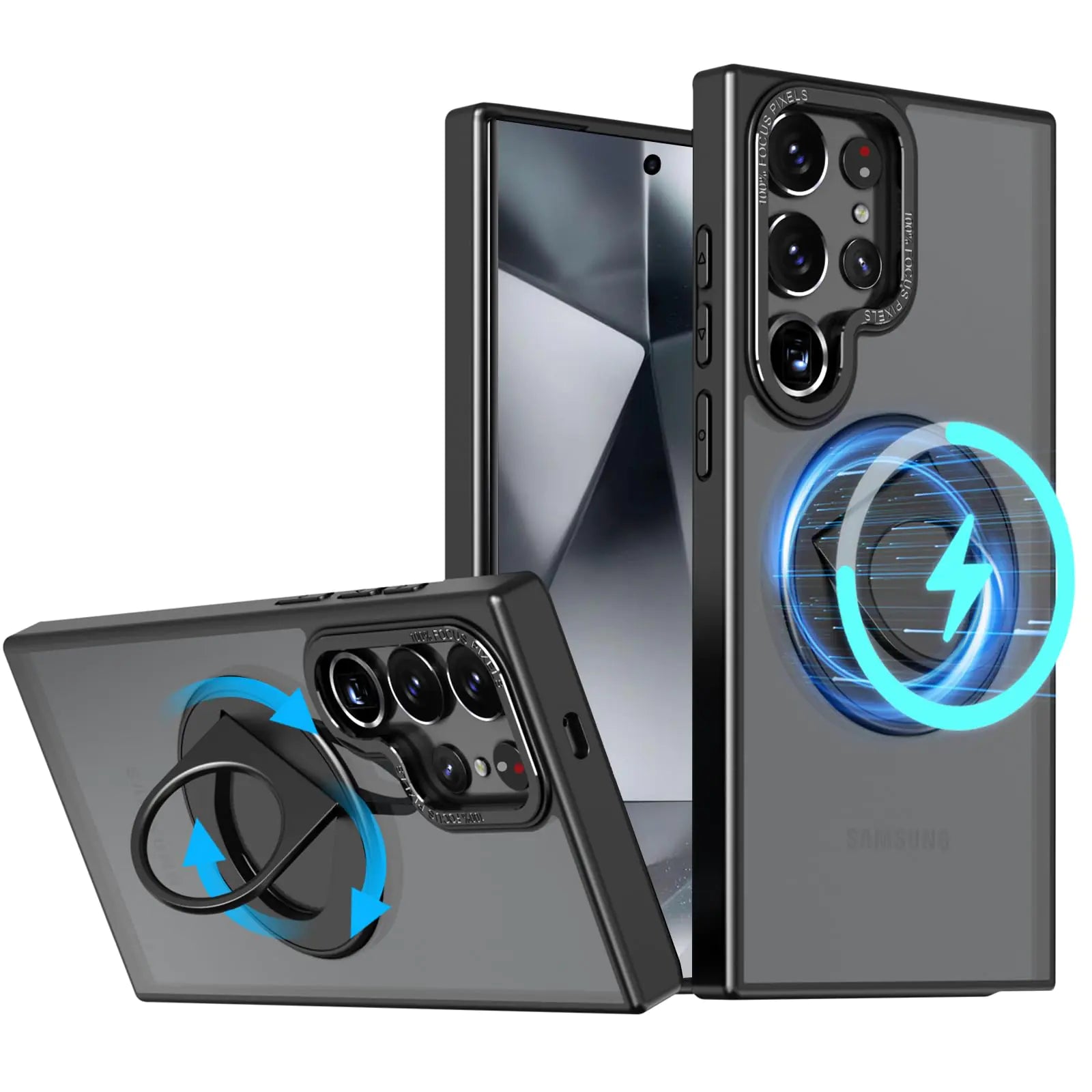 Galaxy S24 Ultra Magnetic Case – Black Frosted Matte with 360° Rotatable Ring & Military Drop Protection