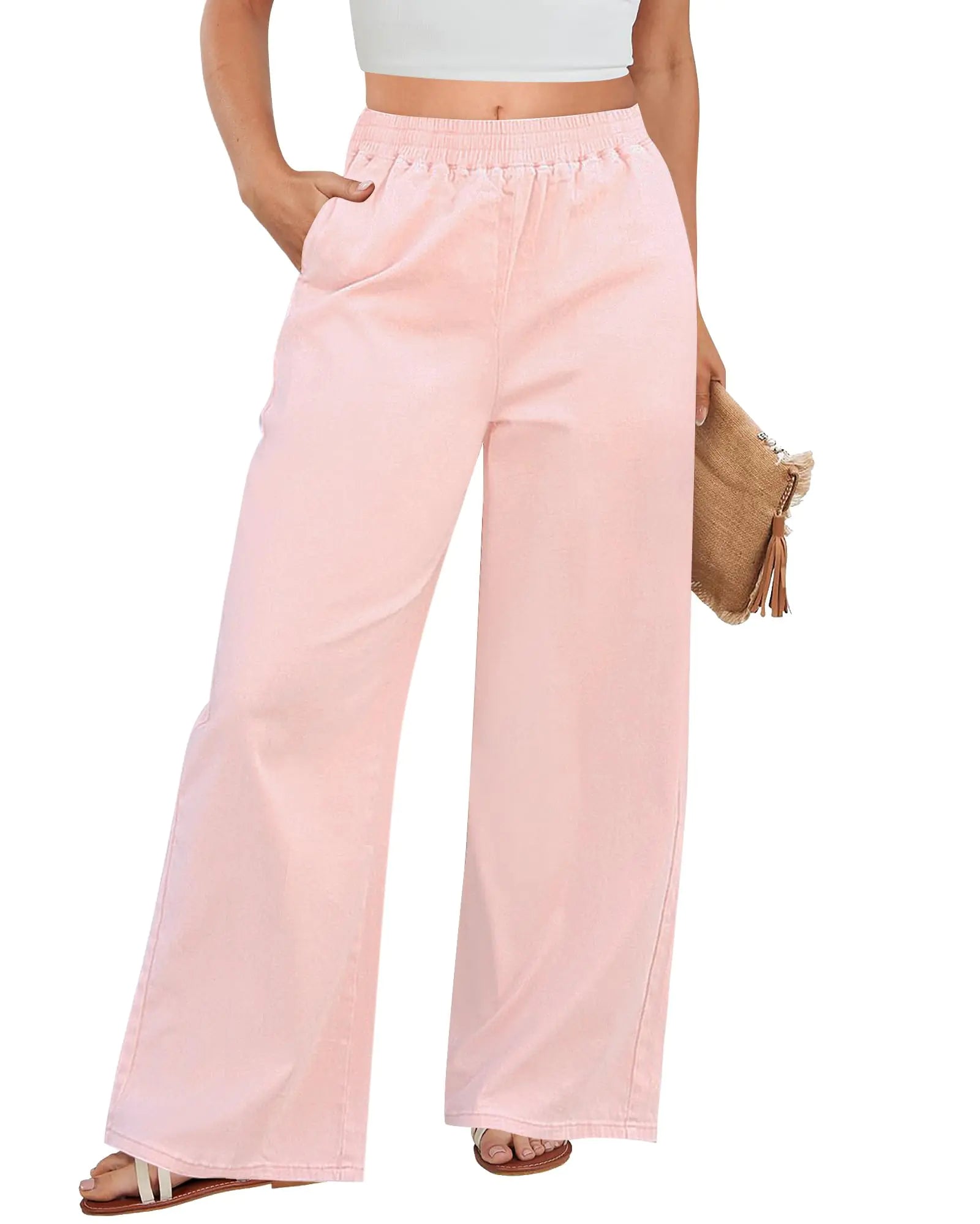 Womens Pull On Pants Chambray Pants Women Elastic Waist Wide Leg