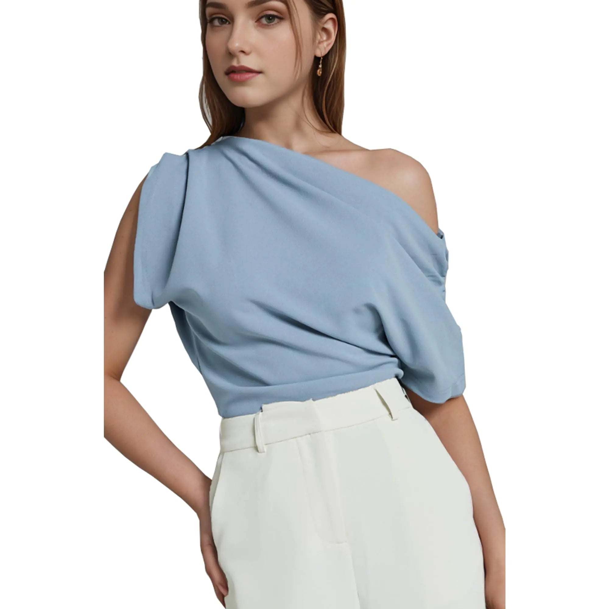 Y2Ks One-Shoulder Ruched Top – Blue
